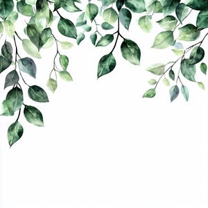 May include: Watercolor painting of green leaves on branches, creating a border around a white background.
