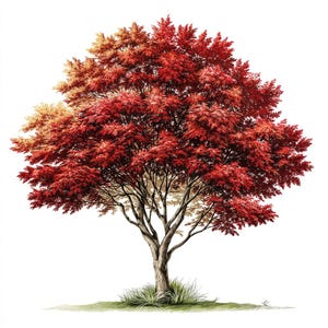 Puede incluir: Un árbol de arce rojo con un tronco grueso y ramas que se extienden en todas direcciones. Las hojas son de un rojo y naranja vibrantes, creando una hermosa escena otoñal.