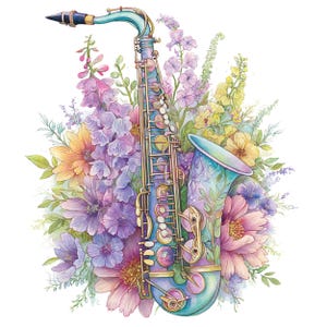 12 png-bloemen saxofoon clipart, aquarel saxofoon met bloemen, muziekinstrument kunst, transparante achtergrond, jazz decor afdrukbaar
