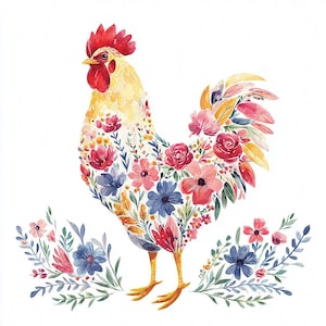 Floral Chicken Watercolor Clipart: Farm Animal PNG (Digital Download)