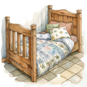 14 CLIPART DE CAMA PARA NIÑOS, imagen PNG para sala de lactancia, imagen de cama de madera, clipart de cama de acuarela, clipart de cama acogedora, clipart de cama para niños para imprimir