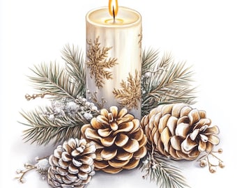 May include: A white candle with gold glitter accents is surrounded by pine branches and pine cones. The candle is lit and the flame is visible.