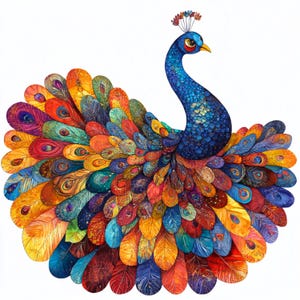 May include: A colorful peacock with a blue body and a large, vibrant tail of feathers in shades of red, orange, yellow, green, blue, and purple.
