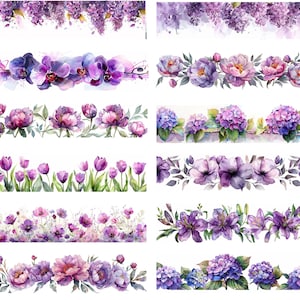 32 JPG Lila violett MIX verschiedene Blumen Clipart 4: 1, Printable Aquarell, Chrysanthemen, Hortensien, Lila, Lilien, Tulpen, Pfingstrosen, Orchidee
