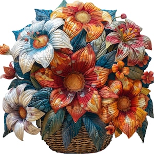 Peut inclure: Un bouquet de fleurs en tissu coloré dans un panier tissé. Les fleurs sont faites de différents tissus et ont une variété de textures. Le panier est brun et a un motif tissé.