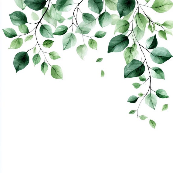 8 Watercolor Green Leaves Frame Clipart: Botanical Decor (PNG Digital Download), Summer Clipart