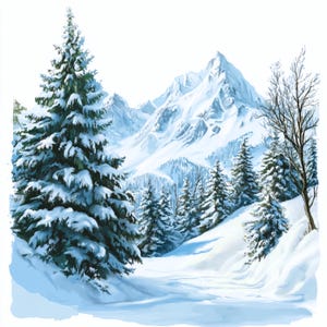 14 montagnes vue paysage d'hiver Clip Art, aquarelle scène enneigée, JPG de haute qualité, téléchargement numérique, art de Noël vintage, scrapbooking