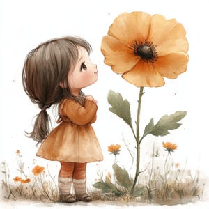 14 BAMBINA E UN FIORE Clipart, immagine di una bambina carina ad acquerello, immagine digitale di una bambina e un fiore, immagine di una bambina con un fiore da parete