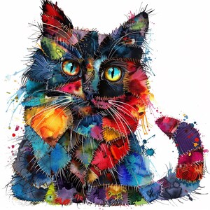 12 Cat Multi-Color Patchwork Clipart, High Quality PNG, Quilted Cat Images, Digital Download, Paper Craft, Junk Journals, Commercial Use