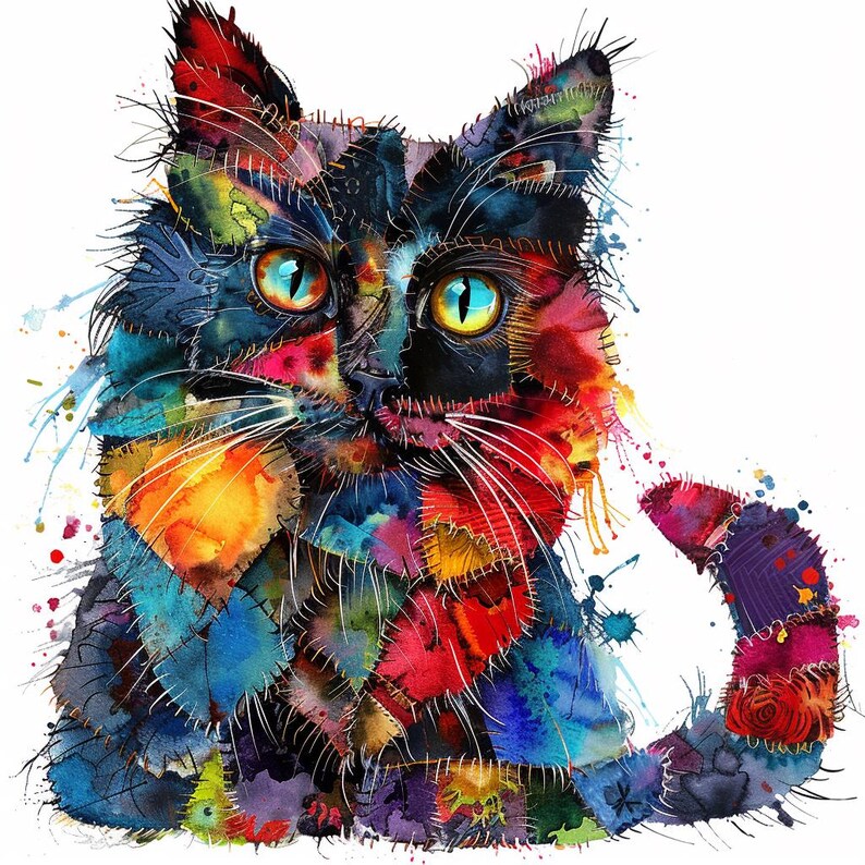 12 Cat Multi-Color Patchwork Clipart, High Quality PNG, Quilted Cat Images, Digital Download, Paper Craft, Junk Journals, Commercial Use