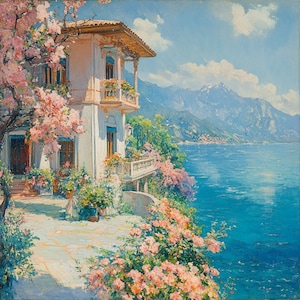 16 ANTIGUA MANSIÓN JUNTO AL MAR Clipart, imágenes de mansiones abandonadas en acuarela, arte mural de mansiones italianas digitales, ilustración de antigua mansión junto al mar