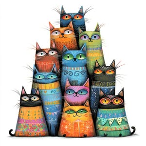 Pode incluir: Um grupo de 10 gatos coloridos empilhados em forma de pirâmide. Cada gato tem um suéter com um padrão diferente e uma expressão facial única. Os gatos são pintados em um estilo caprichoso com cores brilhantes e linhas ousadas.