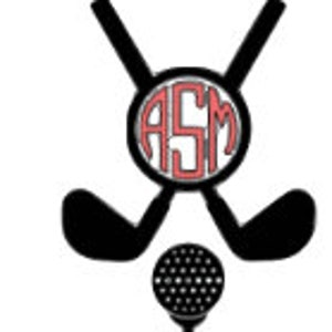 May include: Black and white graphic of crossed golf clubs with a golf ball on a tee. A circular emblem in the center features the initials "ASM" in a red, stylized font, surrounded by a black border.