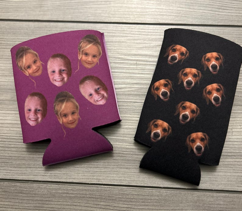 May include: Two foam can coolers, one purple with multiple photos of children's faces and one black with multiple photos of dog faces.