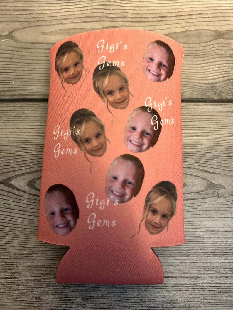 May include: Pink can cooler with multiple photos of children's faces and the text "Gigi's Gems" repeated throughout.