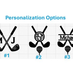 May include: Three golf-themed designs for personalization. Each design features crossed golf clubs and a golf ball. The designs include initials and names. The text "Personalization Options" is above the designs.