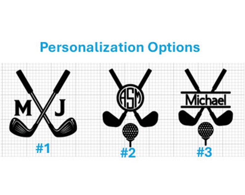 May include: Three golf-themed designs for personalization. Each design features crossed golf clubs and a golf ball. The designs include initials and names. The text "Personalization Options" is above the designs.