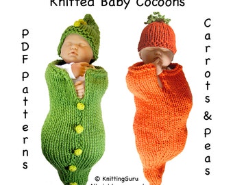 2 Knitting Patterns - Carrots and Peas Baby Cocoons Costumes - DIY Knit Bunting Patterns