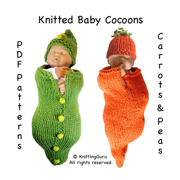 2 Knitting Patterns - Carrots and Peas Baby Cocoons Costumes - DIY Knit Bunting Patterns