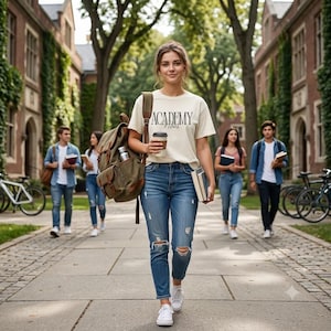 Puede incluir: Una camiseta color crema con el texto ACADEMY VIBES en negro, combinada con jeans azules desgastados, zapatillas blancas y una mochila grande de lona verde oliva. El conjunto incluye un vaso de café marrón y varios libros en la mano.