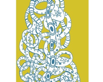 Snake Maze, blue/mustard - 8.5" x 11" signed digital Giclee print from original artwork