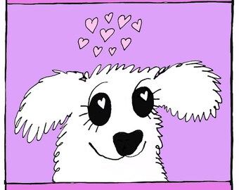 You make me puppy-eyed - greeting card, blank inside - furry white puppy with hearts in its eyes - kitschy cutesy cute