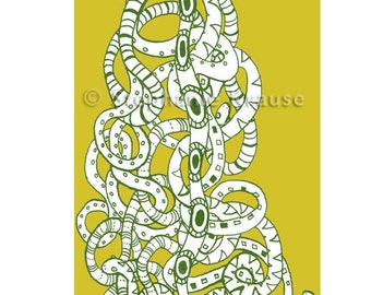 Snake Maze, mustard & green - 8.5" x 11" signed digital Giclee print from original artwork