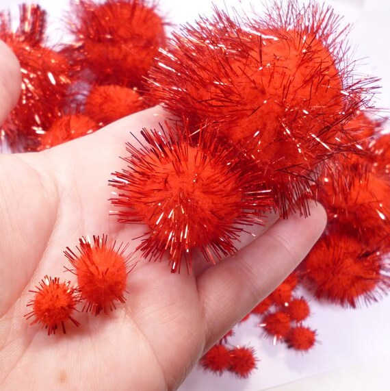 Box of Pom Poms Sparkly, Glittery RED Pom Poms 