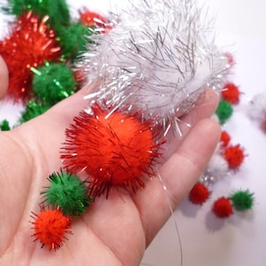 Box of Pom Poms - sparkly, glittery CHRISTMAS pom poms