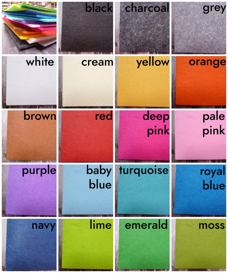 Puede incluir: Una colecci&oacute;n de 20 cuadrados de fieltro en varios colores, incluyendo negro, carb&oacute;n, gris, blanco, crema, amarillo, naranja, marr&oacute;n, rojo, rosa intenso, rosa p&aacute;lido, morado, azul beb&eacute;, turquesa, azul real, azul marino, lima, esmeralda y musgo.