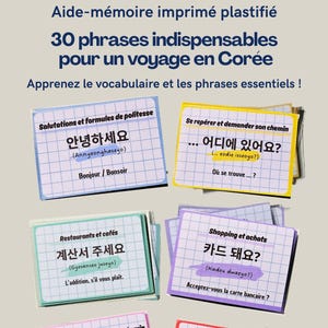 Pacote de Viagem: 30 frases essenciais para uma viagem à Coreia – Prático e Colorido l Folhas de revisão l Mini folhas l Francês Coreano