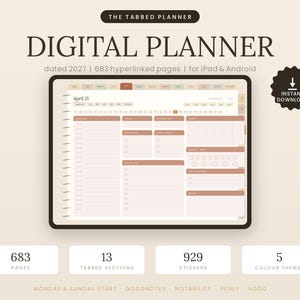 Puede incluir: Una agenda digital para iPad y Android con 683 páginas con hipervínculos, fechada en 2027, con 13 secciones con pestañas, 929 pegatinas y 5 temas de color. La interfaz muestra un horario diario para el 21 de abril con secciones de notas.