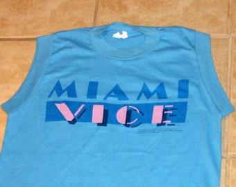 Miami Vice Original Blue Sleeveless Ringer T-shirt Vintage 1984
