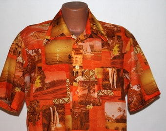 Studio One Hawaiian Print Orange Disco Shirt L Vintage 1970s