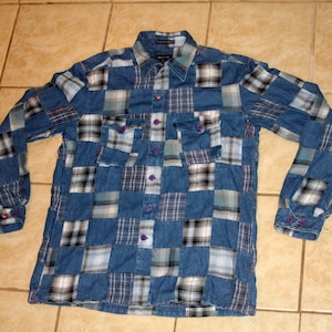 Gant Universität Indigo Patchwork Knopf Denim kariertes Hemd mittlere Vintage 1990er Jahre