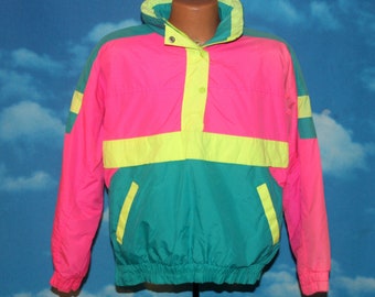 DEADSTOCK Extra Energy Bright Neon Pink Yellow Teal Fleece Lined Pullover Windbreaker Jacket Vintage 1990s