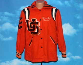Upper Sandusky High Rams Varsity Tennis Orange Black Hooded Holloway Letterman Jacket Vintage 1950s - 1960s