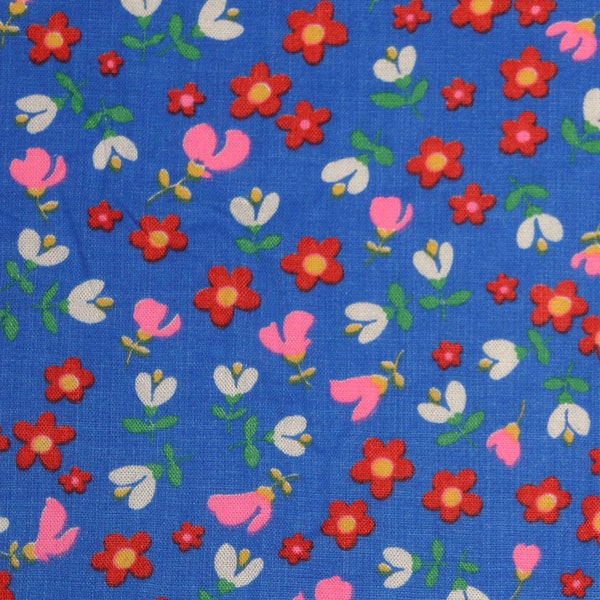 Vintage 70s Flowers Blue Pink Red Fabric