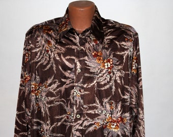 Sutton Place Floral Brown Stretchy Disco Polyester Shirt XL Vintage 1970s