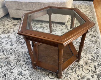 Rare Find * Mahagony Hexagonal with Glass Top and Caned bottom shelf.