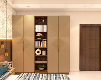 Golden-textured with laminate design wardrobe cabinet with shelves