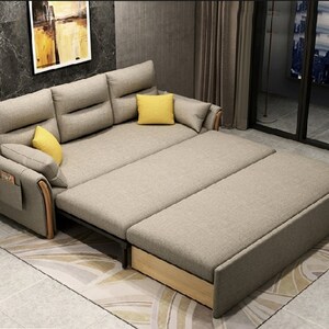 Handmade multifunctional folding fabric sofa, solid wood sliding sofa bed, Nordic three-seat sofa 1.8M, convertible sofa bed.