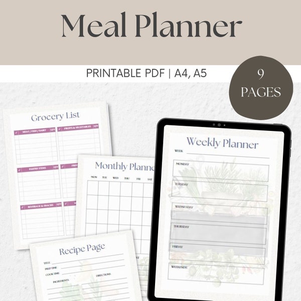 Meal Planner Bundle, Organization Tools, Grocery List, Weekly Menu, Monthly Menu, Inventory Manage, A4, A5 Printable PDF, Recipes Collection