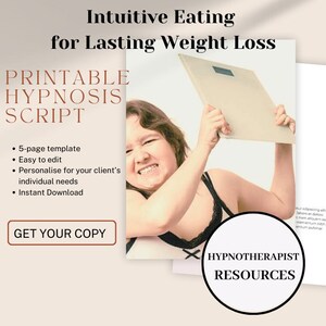May include: A printable hypnosis script for intuitive eating and lasting weight loss. The script is a 5-page template that is easy to edit and personalize for individual needs. It is available for instant download. The image shows a woman holding a scale in front of her face, with a frustrated expression.
