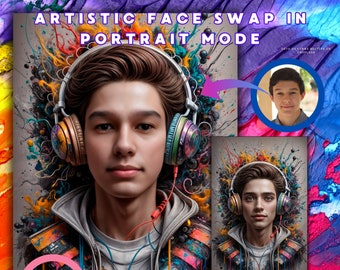 Retrato artístico personalizado, joven con auriculares, explosión de color y creatividad, regalo creativo único, pieza de arte digital para él