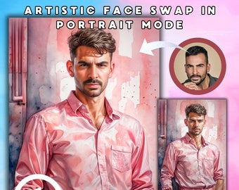 Custom Digital Watercolor Portrait of a Man in Pink - Detailed and Masculine High-Definition Art Trending on ArtStation. Unique Gift for her