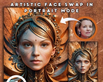 Retrato femenino digital personalizado con intercambio de rostros: estilo moderno y abstracto, futurista con detalles metálicos. Arte innovador del retrato de mujer