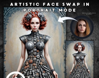 Retrato personalizado de mujer con vestido industrial con detalles intrincados en alta calidad - Regalo de arte digital hecho por Face Swap para ella