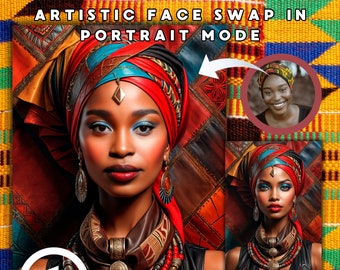 Retrato personalizable de una mujer tribal afroamericana empoderada. Arte digital elegante y potente para imprimir y descargar. Regalo hecho para ella