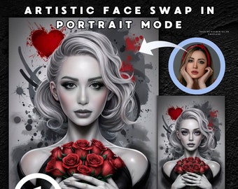 Retrato digital, romántico y melancólico, en blanco y negro, moderno y personalizado de mujer con rosas rojas y corazón realizado por Face Swap